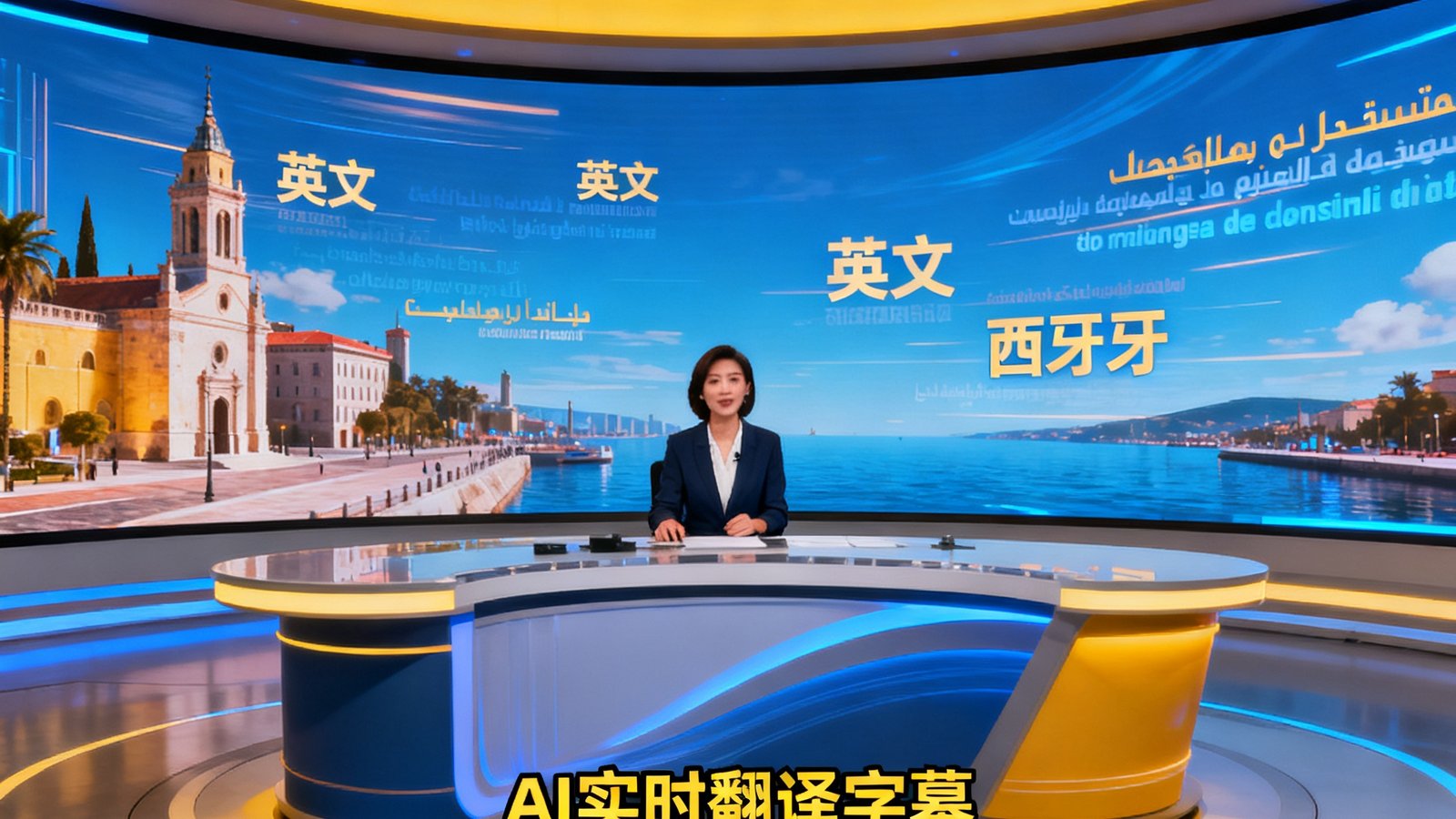 现代化数字演播厅内景，巨型LED背景屏展示虚拟合成场景，主持人面对镜头播报，AI实时翻译字幕叠加在画面底部，灯光系统营造出沉浸式氛围，多语种文字流畅切换